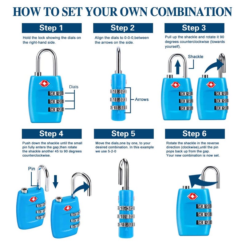 Cluckyu TSA Luggage Locks (4Pack) - 3 Digit Combination Padlocks - Approved Travel Lock for Suitcases & Baggage (Blue) - Image 2